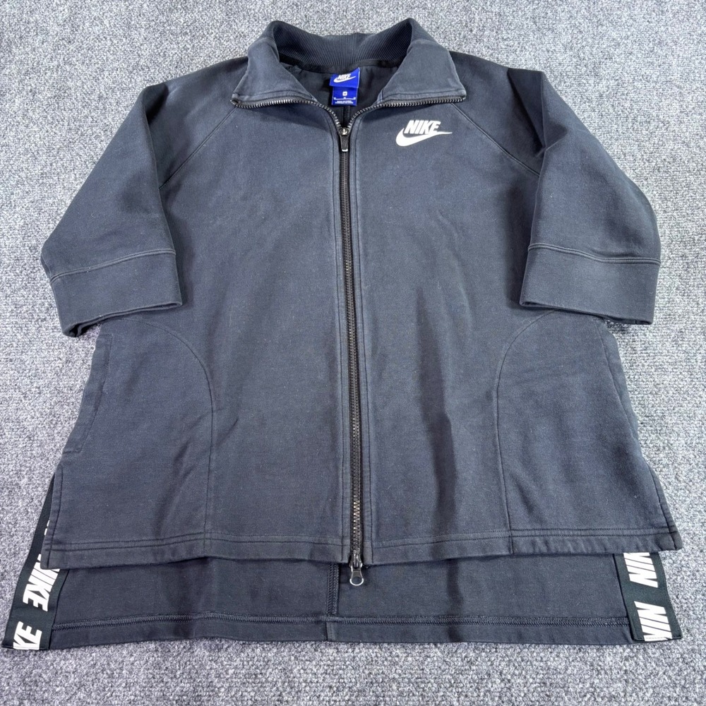 Nike Full Zip Jacket Womens Medium Black 3/4 Sleeve High Low Fleece Sportswear